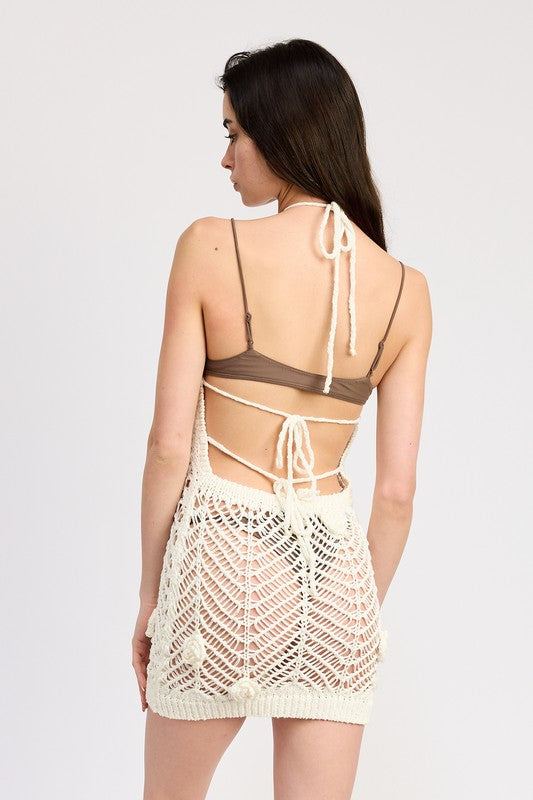 HALTER NECK CROCHET DRESS WITH FLOWER DETAILSIZE & FIT :MODEL WEARS SIZE SMALLMODEL'S HEIGHT 5'9Made In: IMPORTEDFabric Contents: 100% POLYESTER