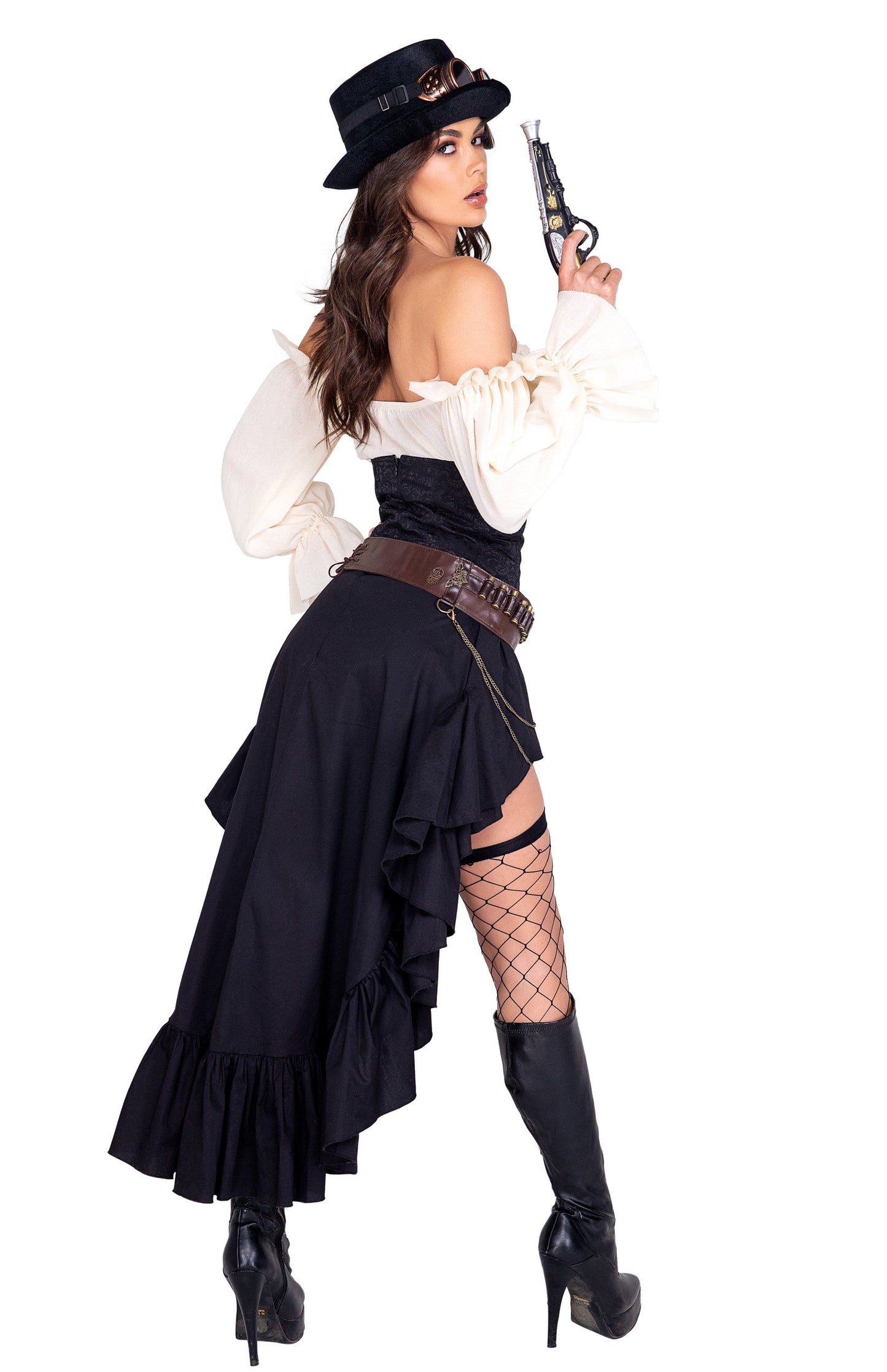 5034 - 6pc Steampunk Seductress6pc Steampunk Seductress
Includes Hat, Goggles, Cropped Top with Sleeves, Waist-Cincher Attached Ruffled Skirt, Belt & Gun