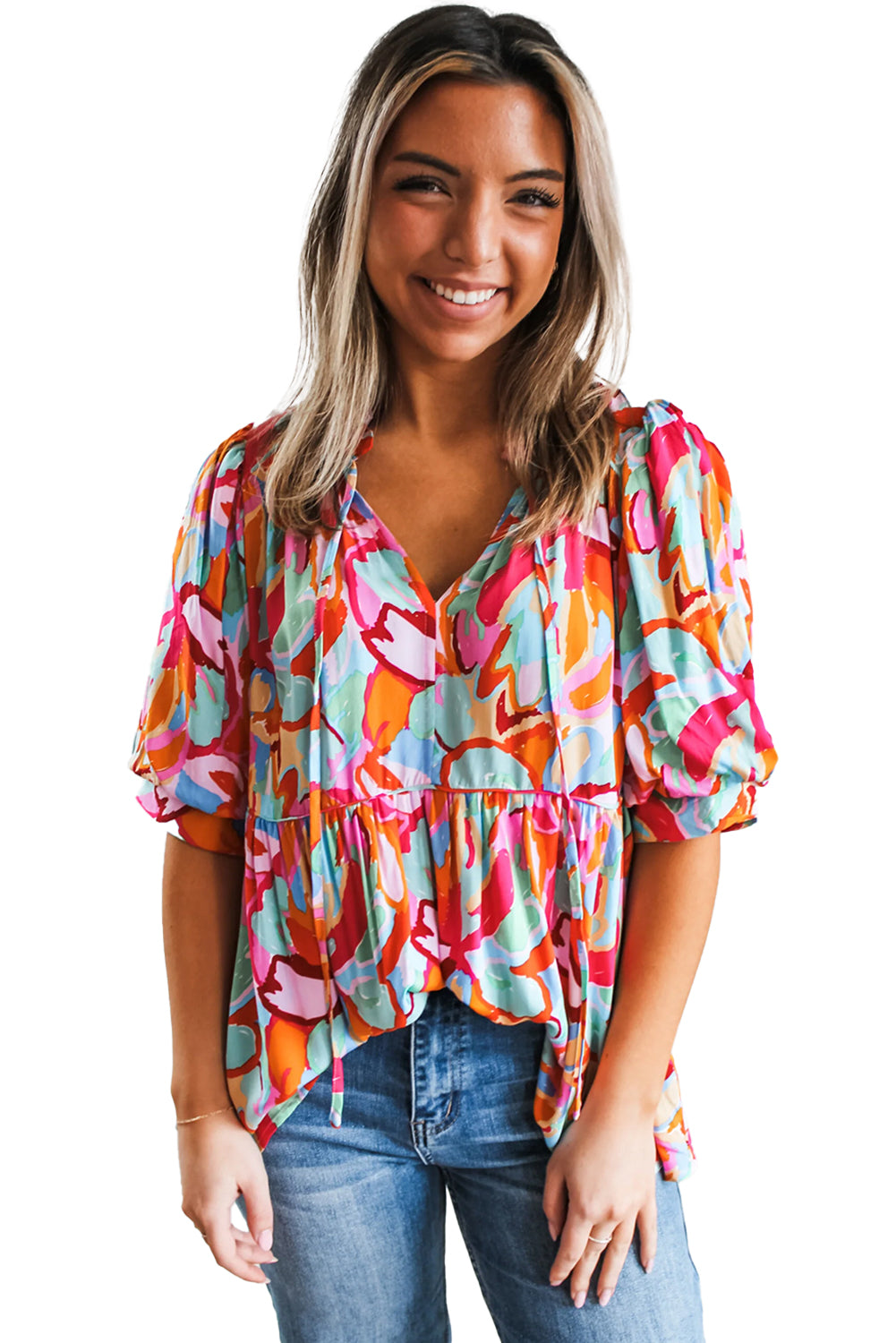 Rose Red Abstract Print V Neck Puff Sleeve BlouseMaterial:100%Viscose
Make a statement with our blouse, crafted from a lightweight and eye-catching fabric that exudes personality and style.
This blo