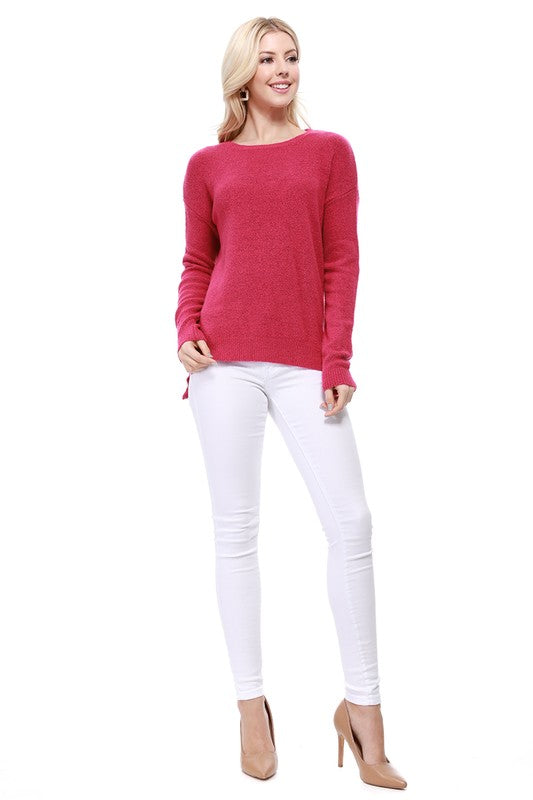 Crew-neck Knit Pullover Sweater with Side Slit- Length: 23-24"- 75% Soft Touch Acrylic, 22% Nylon, 3% Spandex Stretch- Cozy, Soft Mohair Like Acrylic with Spandex Stretch. - Thin, Comfortable, and Warm- Various 