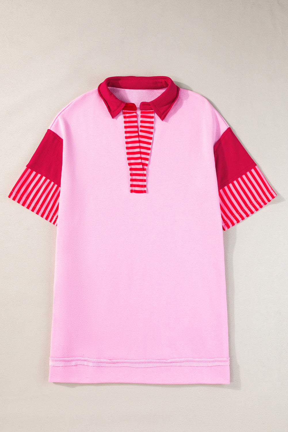 Pink Stripe Colorblock Sleeve Collared Mini DressMaterial:65%Polyester+35%Cotton

• The combination of pink and stripes adds a fun and trendy touch to your outfit.
• Embrace the relaxed vibes with the drop sleeve