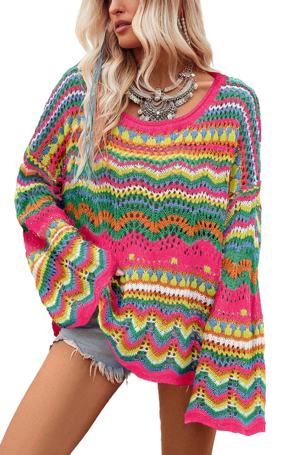 Rose Red Colorblock Striped Hollowed Knit Loose SweaterMaterial:55%Acrylic+45%Cotton

• Stay cozy and stylish in this sweater featuring a unique hollowed knit design for a trendy boho look.
• The loose fit of this swea