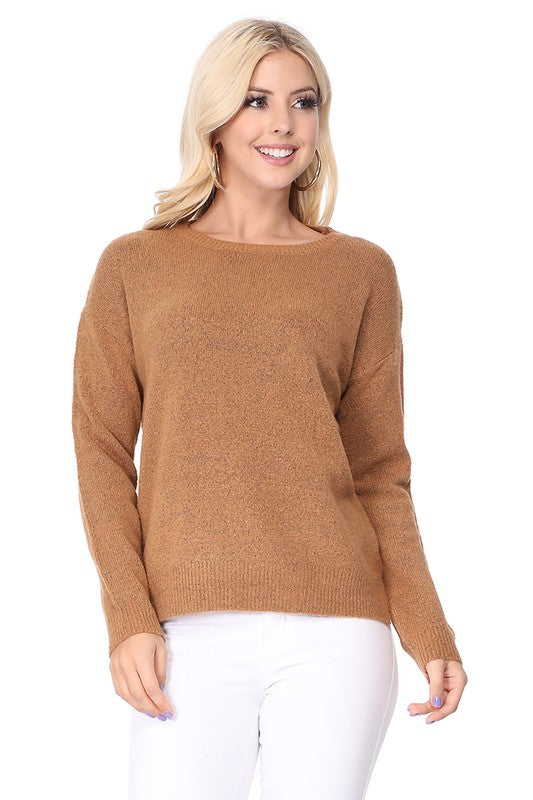 Crew-neck Knit Pullover Sweater with Side Slit- Length: 23-24"- 75% Soft Touch Acrylic, 22% Nylon, 3% Spandex Stretch- Cozy, Soft Mohair Like Acrylic with Spandex Stretch. - Thin, Comfortable, and Warm- Various 