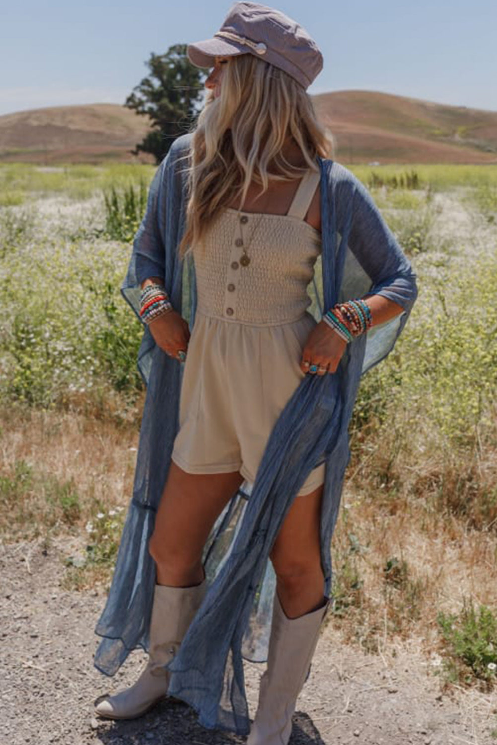 Beige Solid Color Buttons Smocked Sleeveless RomperMaterial:85%Polyester+10%Cotton+5%Elastane

• Its high waist design adds a flattering touch to any silhouette.
• Embrace the versatility of this romper with its sl