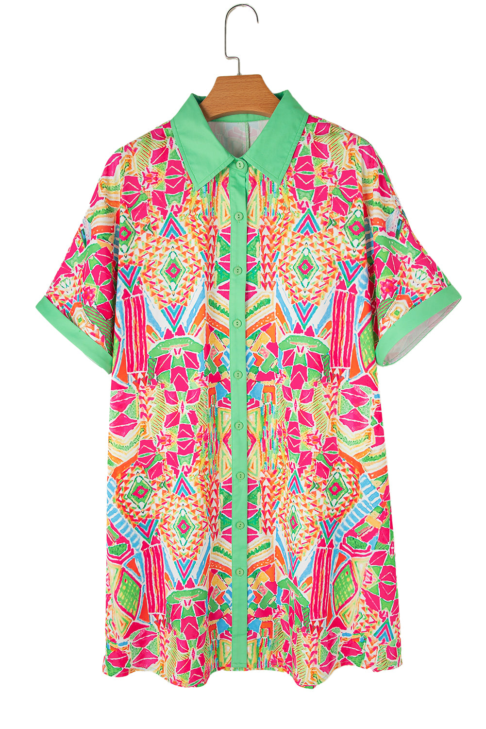 Orange Geometric Print Contrast Trim Short Sleeve Shirt DressMaterial:100%Polyester

• Stand out in vibrant orange hues with this dress featuring a geometric print that adds a trendy touch to your wardrobe. 
• The button-dow