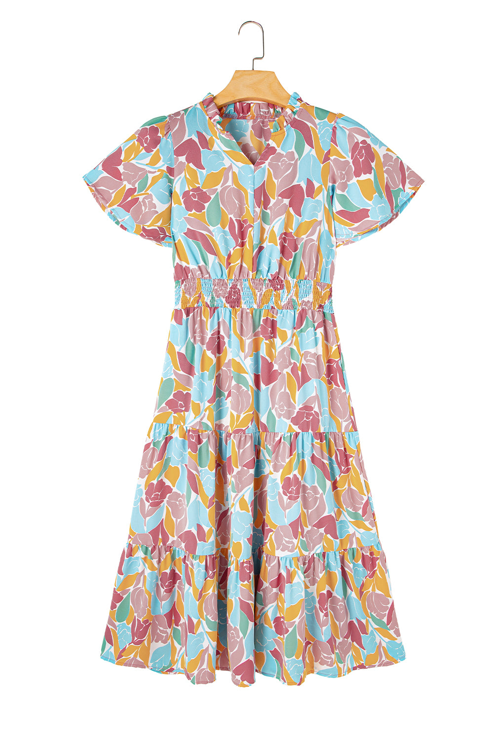 Rose Floral Flounce Sleeve Smocked Waist Tiered Maxi DressMaterial:100%Polyester

• Exude bohemian elegance in this maxi dress, featuring a smocked waist for a flattering silhouette.
• The tiered design adds a whimsical t