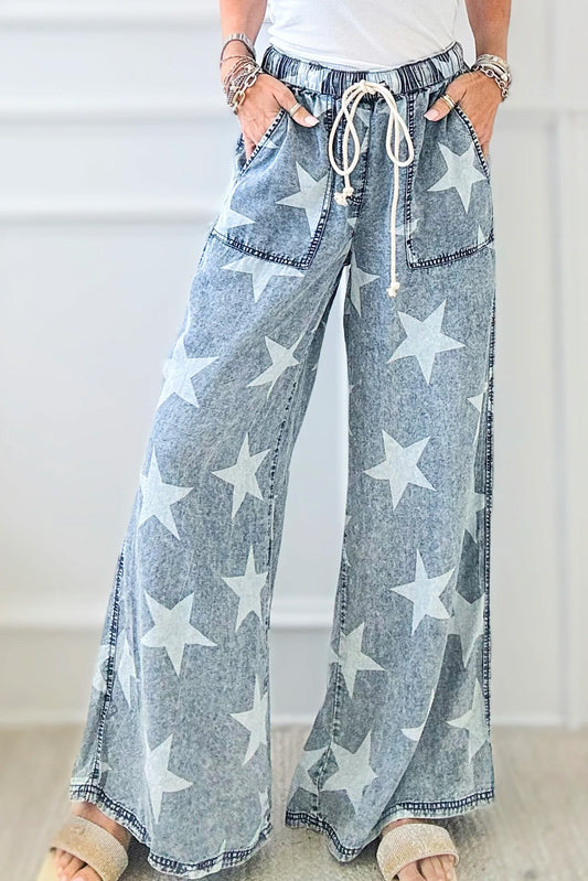 Light Blue Star Print Light Wash Drawstring High Waist Wide Leg JeansMaterial:82%Cotton+10%Polyester+8%Viscose

• Elevate your casual look with these light blue star print high waist jeans, featuring a trendy wide leg design for a ch