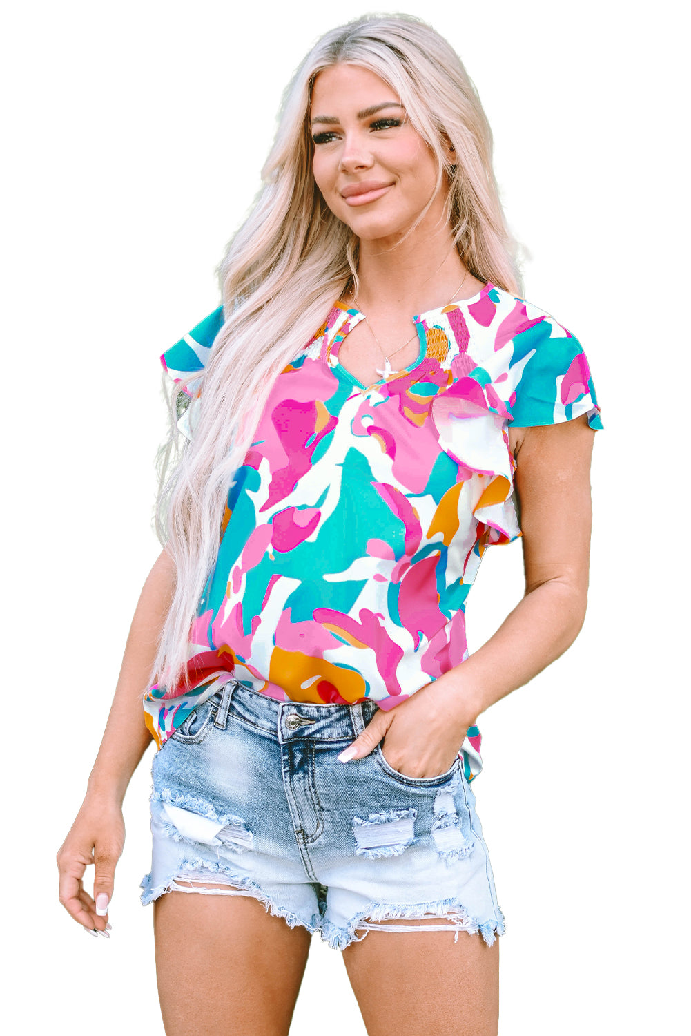 Green Abstract Print Smocked Notched Neck Ruffle Sleeve BlouseMaterial:100%Polyester

• Embrace a bohemian spirit with the blouse, featuring a vibrant green hue that adds a pop of color to any outfit.
• The abstract print des