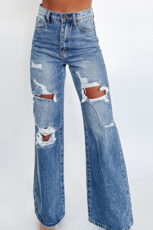 Ashleigh Blue Acid Wash Distressed Wide Leg High Waist JeansMaterial:93%Cotton+5%polyester+2%Elastane

• Distressed wide-leg jeans in a unique acid wash, perfect for a vintage look with a modern twist.
• High-waisted design