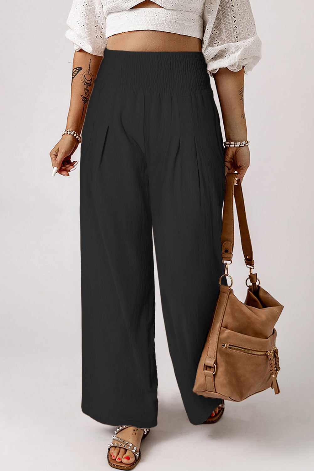 Black Smocked Wide Waistband High Waist Wide Leg PantsMaterial:65%COTTON+35%POLYESTER



		Flattering smocked waistband cinches at the
waist for a lovely silhouette
	
	
		High waist design elongates legs for a
st