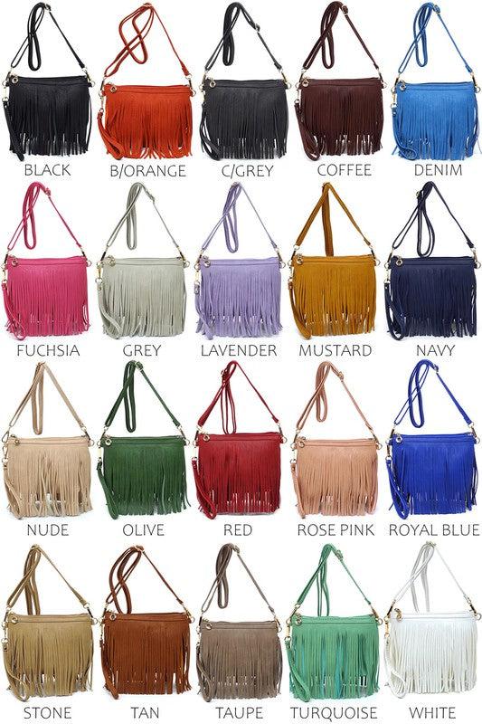 Western Fringe Clutch Cross Body BagWestern Fringe Clutch Cross Body BagFaux leatherZip top closureGold-tone hardwareDetachable shoulder strap &amp; wrist bandL 8.5 * H 6 * W 3