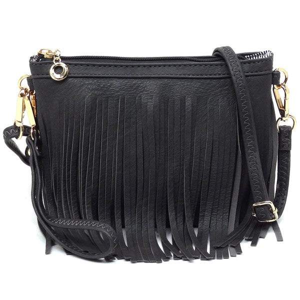 Western Fringe Clutch Cross Body BagWestern Fringe Clutch Cross Body BagFaux leatherZip top closureGold-tone hardwareDetachable shoulder strap &amp; wrist bandL 8.5 * H 6 * W 3