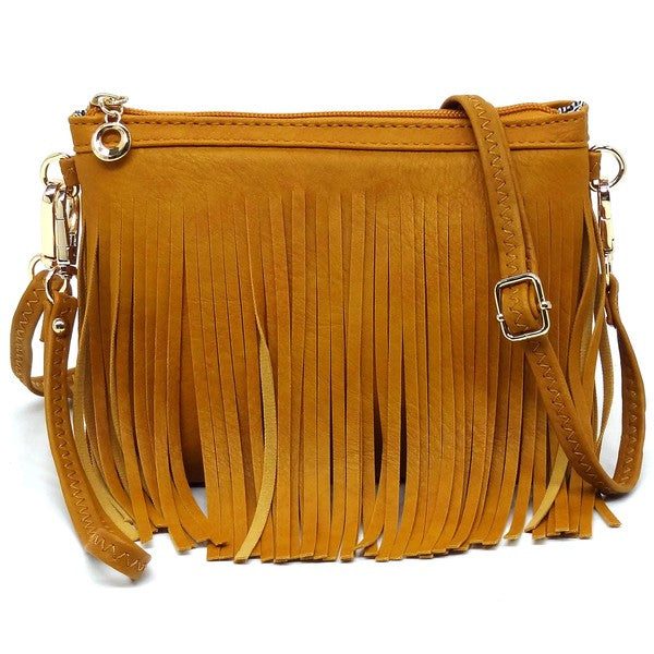 Western Fringe Clutch Cross Body BagWestern Fringe Clutch Cross Body BagFaux leatherZip top closureGold-tone hardwareDetachable shoulder strap &amp; wrist bandL 8.5 * H 6 * W 3