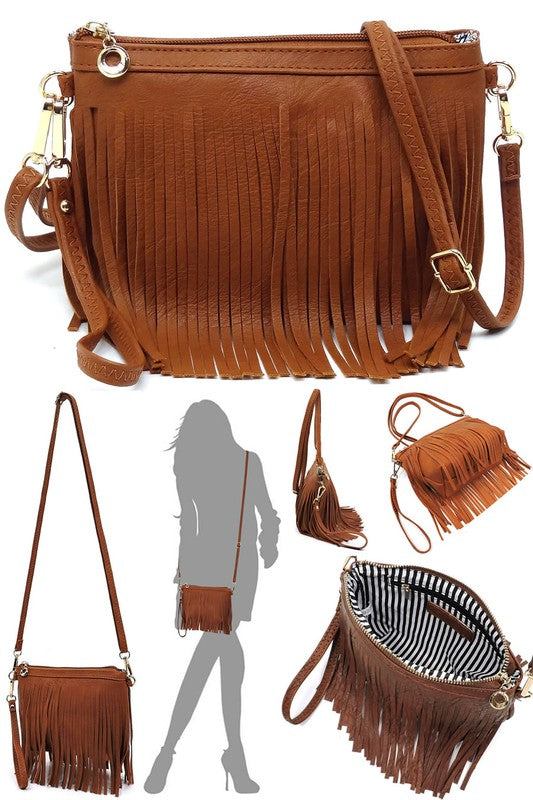 Western Fringe Clutch Cross Body BagWestern Fringe Clutch Cross Body BagFaux leatherZip top closureGold-tone hardwareDetachable shoulder strap &amp; wrist bandL 8.5 * H 6 * W 3