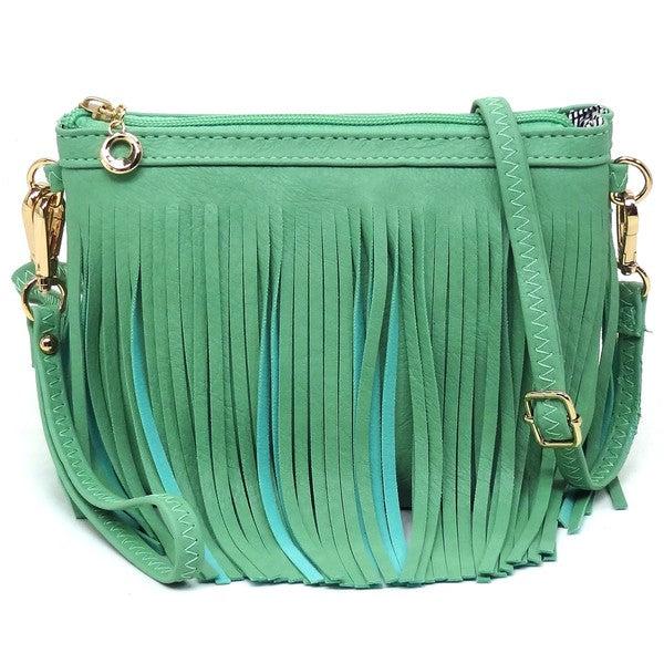 Western Fringe Clutch Cross Body BagWestern Fringe Clutch Cross Body BagFaux leatherZip top closureGold-tone hardwareDetachable shoulder strap &amp; wrist bandL 8.5 * H 6 * W 3