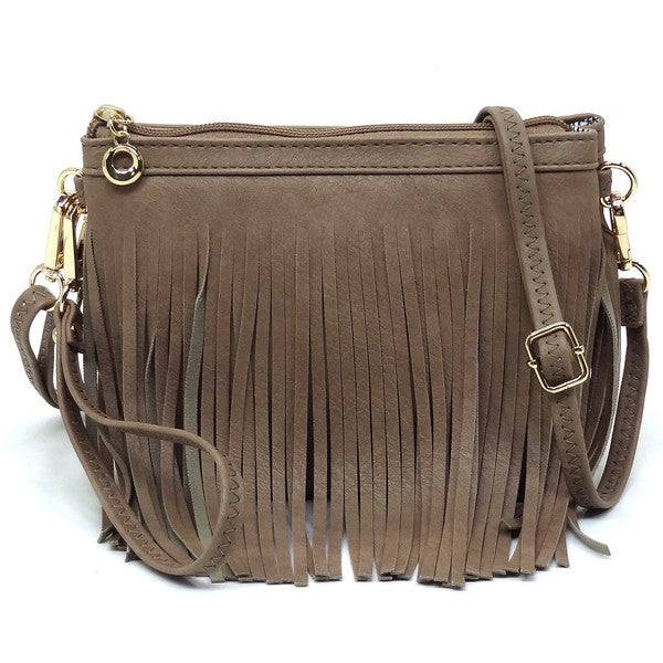 Western Fringe Clutch Cross Body BagWestern Fringe Clutch Cross Body BagFaux leatherZip top closureGold-tone hardwareDetachable shoulder strap &amp; wrist bandL 8.5 * H 6 * W 3