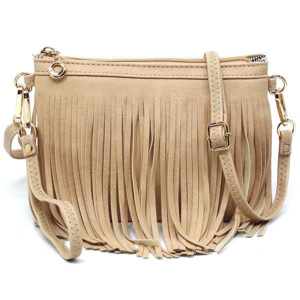 Western Fringe Clutch Cross Body BagWestern Fringe Clutch Cross Body BagFaux leatherZip top closureGold-tone hardwareDetachable shoulder strap &amp; wrist bandL 8.5 * H 6 * W 3