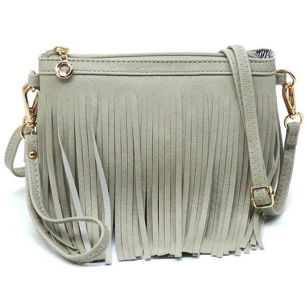 Western Fringe Clutch Cross Body BagWestern Fringe Clutch Cross Body BagFaux leatherZip top closureGold-tone hardwareDetachable shoulder strap &amp; wrist bandL 8.5 * H 6 * W 3