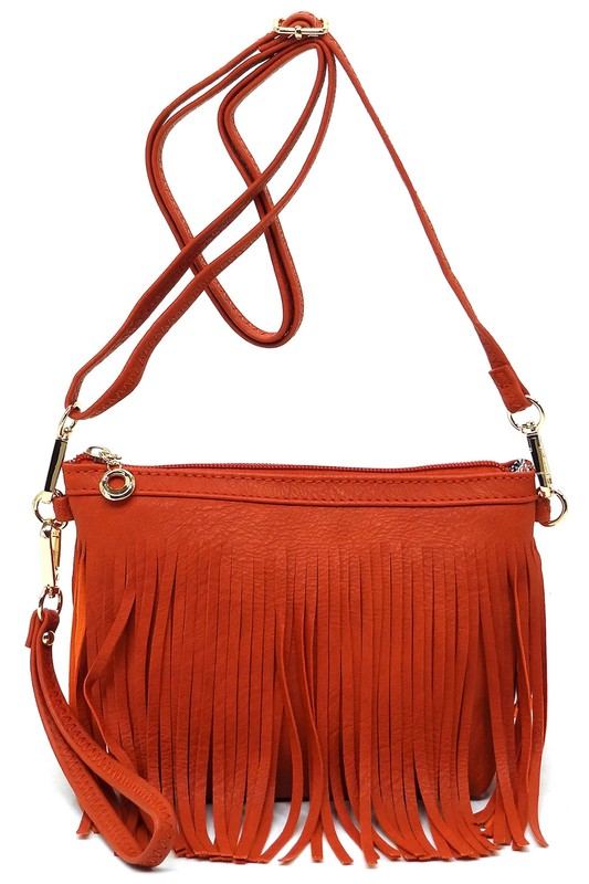 Western Fringe Clutch Cross Body BagWestern Fringe Clutch Cross Body BagFaux leatherZip top closureGold-tone hardwareDetachable shoulder strap &amp; wrist bandL 8.5 * H 6 * W 3
