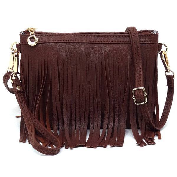Western Fringe Clutch Cross Body BagWestern Fringe Clutch Cross Body BagFaux leatherZip top closureGold-tone hardwareDetachable shoulder strap &amp; wrist bandL 8.5 * H 6 * W 3
