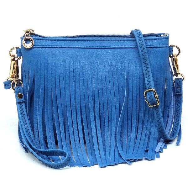 Western Fringe Clutch Cross Body BagWestern Fringe Clutch Cross Body BagFaux leatherZip top closureGold-tone hardwareDetachable shoulder strap &amp; wrist bandL 8.5 * H 6 * W 3
