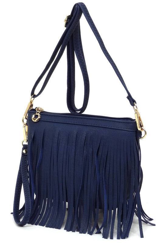 Western Fringe Clutch Cross Body BagWestern Fringe Clutch Cross Body BagFaux leatherZip top closureGold-tone hardwareDetachable shoulder strap &amp; wrist bandL 8.5 * H 6 * W 3