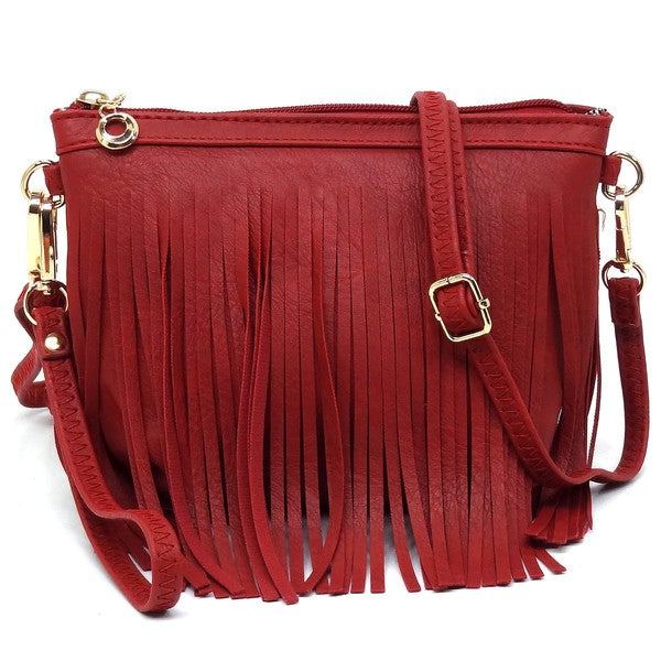 Western Fringe Clutch Cross Body BagWestern Fringe Clutch Cross Body BagFaux leatherZip top closureGold-tone hardwareDetachable shoulder strap &amp; wrist bandL 8.5 * H 6 * W 3