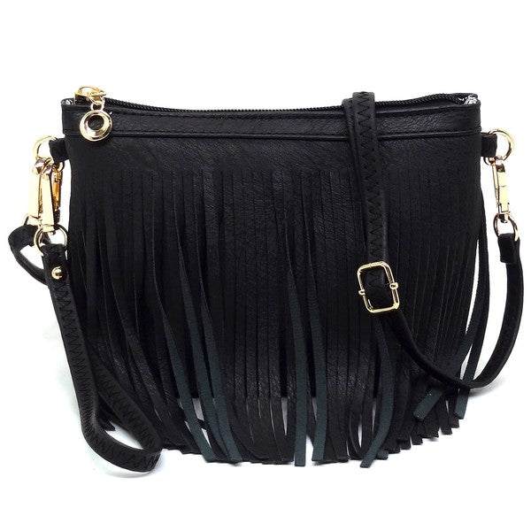 Western Fringe Clutch Cross Body BagWestern Fringe Clutch Cross Body BagFaux leatherZip top closureGold-tone hardwareDetachable shoulder strap &amp; wrist bandL 8.5 * H 6 * W 3