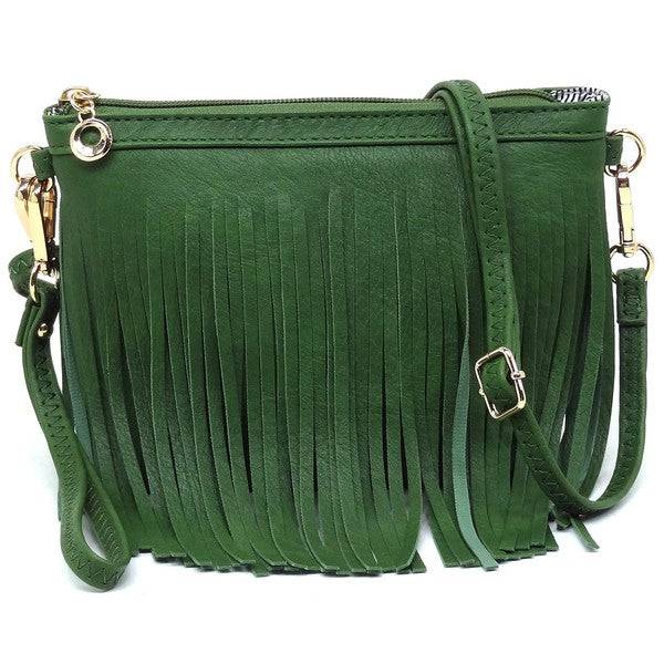 Western Fringe Clutch Cross Body BagWestern Fringe Clutch Cross Body BagFaux leatherZip top closureGold-tone hardwareDetachable shoulder strap &amp; wrist bandL 8.5 * H 6 * W 3