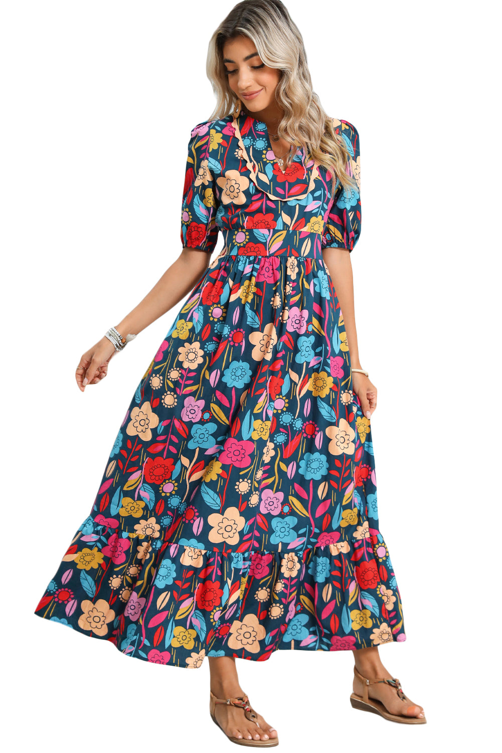 Green Floral Print Split V Neck Puff Sleeve Maxi DressMaterial:100%Cotton



		The dress is made from a soft and breathable fabric, ensuring comfort and a lightweight feel.
	
	
		This maxi dress features a split V 