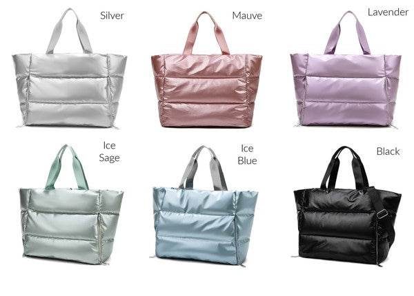 Metallic Puffer ToteMetallic Puffer ToteDETAILS:Metallic puffer designExterior Material: Cotton/Polyester/Elastane blendEasy wipe nylon liningOversized interiorTop zip closureInterior z