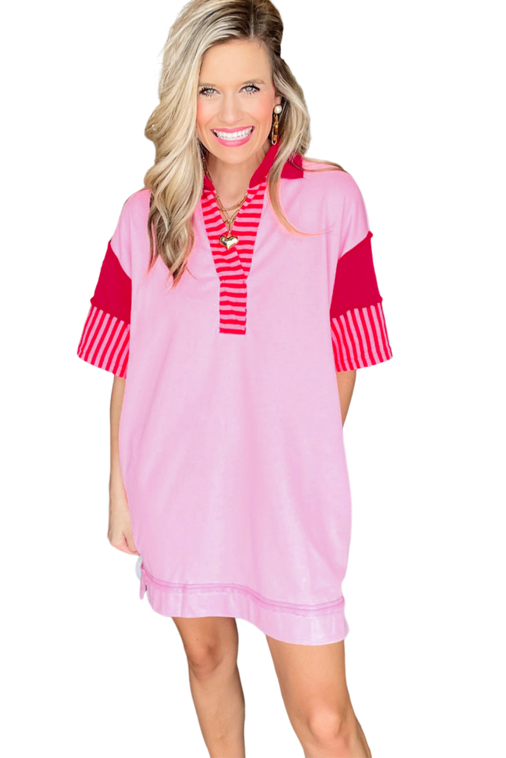 Pink Stripe Colorblock Sleeve Collared Mini DressMaterial:65%Polyester+35%Cotton

• The combination of pink and stripes adds a fun and trendy touch to your outfit.
• Embrace the relaxed vibes with the drop sleeve