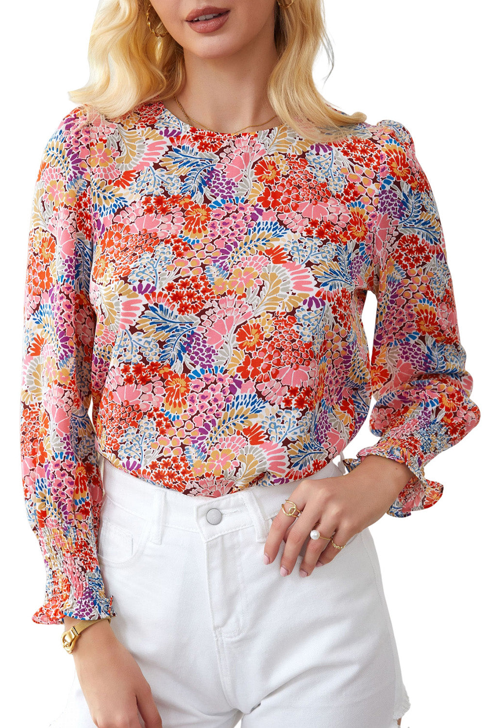 Multicolor Floral Print Smocked Cuffs Long Sleeve BlouseMaterial:100%Polyester


	

			The Floral Print Smocked Cuffs Long Sleeve Blouse is a feminine and elegant addition to any wardrobe. Its delicate floral print and