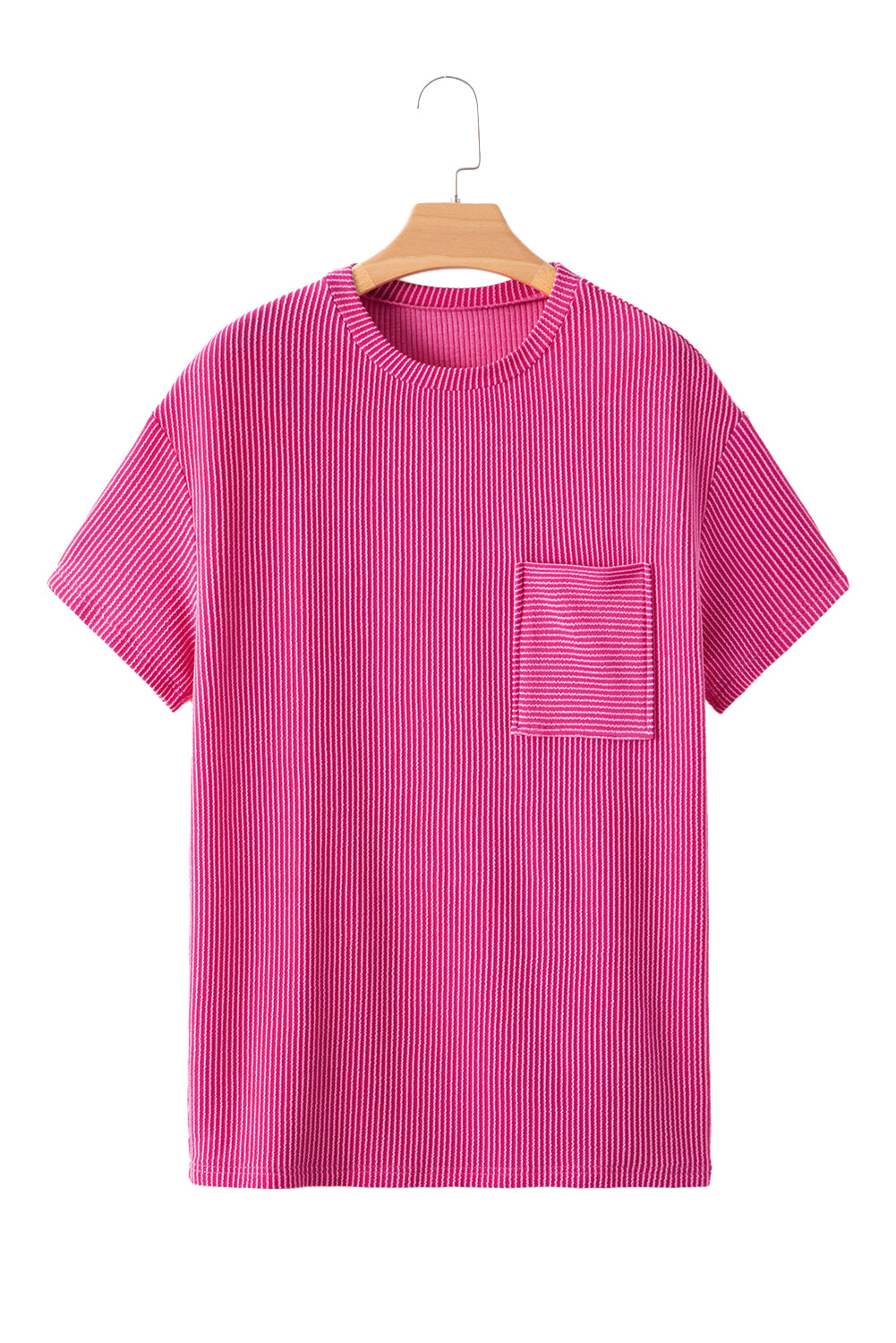 Pink Crinkle Rib Knit Pocketed Loose Fit Crew Neck T ShirtMaterial:75%Polyester+20%Viscose+5%Elastane

• Pink T Shirt offers a charming, feminine touch with its soft pink color and crinkle rib texture, perfect for a casual