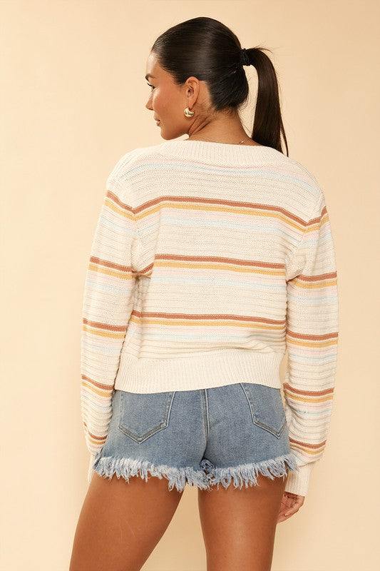 Retro stripe cropped knit cardigan*Exclusive In-House Design*-Retro stripes-Button front-V neckline-Cropped-All original designMade In: China