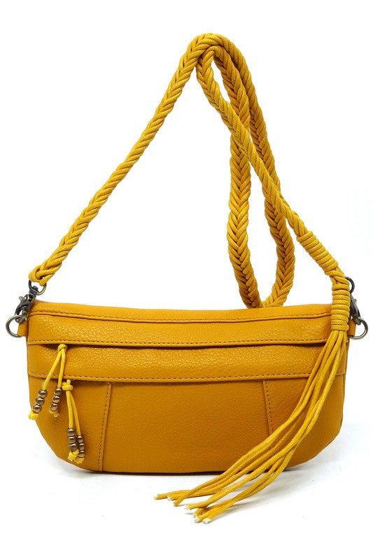 Braided Tassel Strap Crossbody BagBraided Tassel Strap Crossbody Bag Faux vegan leather Zip top closure Antique Gold-tone hardware Detachable shoulder strap L 11 * H 6 * W 1.5 (19 D)