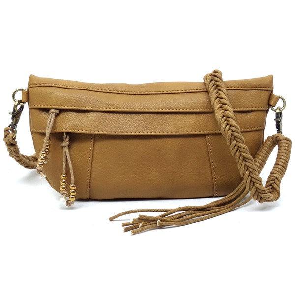 Braided Tassel Strap Crossbody BagBraided Tassel Strap Crossbody Bag Faux vegan leather Zip top closure Antique Gold-tone hardware Detachable shoulder strap L 11 * H 6 * W 1.5 (19 D)