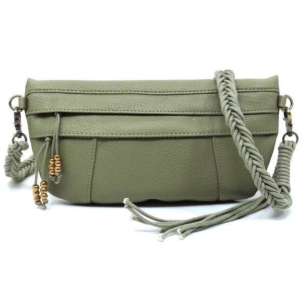 Braided Tassel Strap Crossbody BagBraided Tassel Strap Crossbody Bag Faux vegan leather Zip top closure Antique Gold-tone hardware Detachable shoulder strap L 11 * H 6 * W 1.5 (19 D)