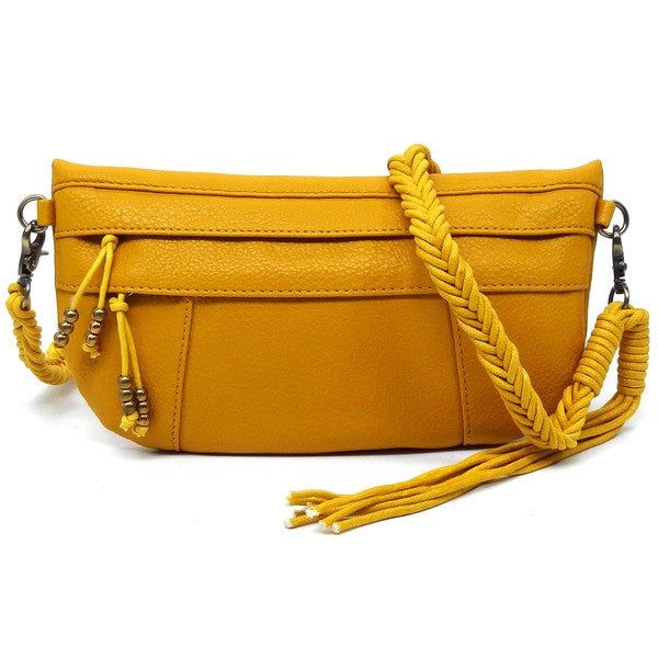 Braided Tassel Strap Crossbody BagBraided Tassel Strap Crossbody Bag Faux vegan leather Zip top closure Antique Gold-tone hardware Detachable shoulder strap L 11 * H 6 * W 1.5 (19 D)