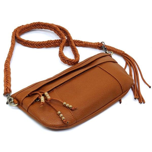 Braided Tassel Strap Crossbody BagBraided Tassel Strap Crossbody Bag Faux vegan leather Zip top closure Antique Gold-tone hardware Detachable shoulder strap L 11 * H 6 * W 1.5 (19 D)