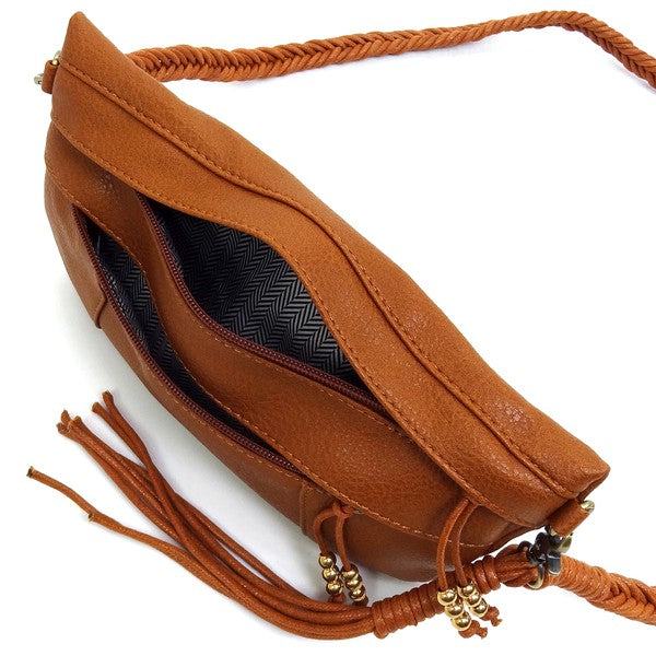 Braided Tassel Strap Crossbody BagBraided Tassel Strap Crossbody Bag Faux vegan leather Zip top closure Antique Gold-tone hardware Detachable shoulder strap L 11 * H 6 * W 1.5 (19 D)