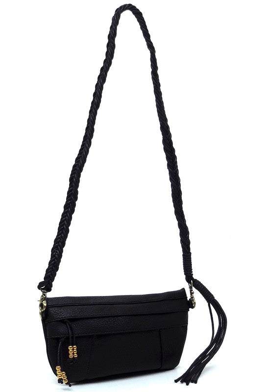 Braided Tassel Strap Crossbody BagBraided Tassel Strap Crossbody Bag Faux vegan leather Zip top closure Antique Gold-tone hardware Detachable shoulder strap L 11 * H 6 * W 1.5 (19 D)