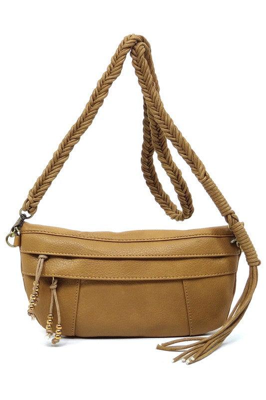 Braided Tassel Strap Crossbody BagBraided Tassel Strap Crossbody Bag Faux vegan leather Zip top closure Antique Gold-tone hardware Detachable shoulder strap L 11 * H 6 * W 1.5 (19 D)