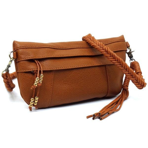 Braided Tassel Strap Crossbody BagBraided Tassel Strap Crossbody Bag Faux vegan leather Zip top closure Antique Gold-tone hardware Detachable shoulder strap L 11 * H 6 * W 1.5 (19 D)