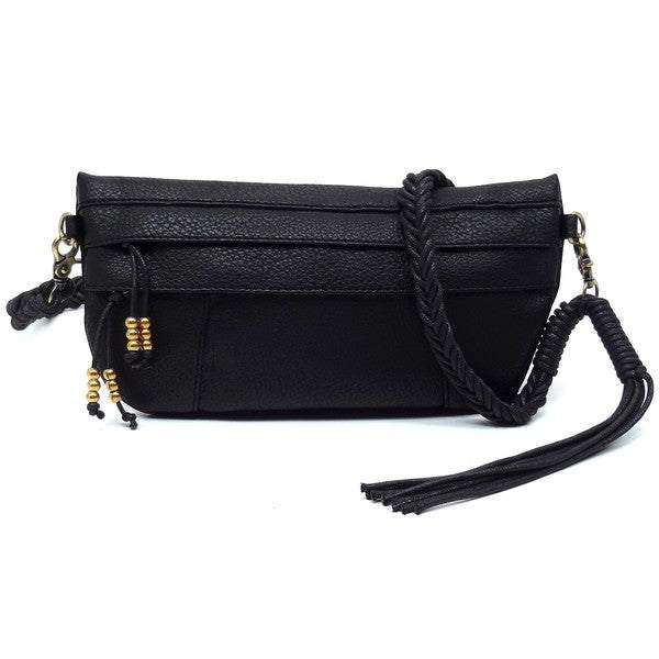Braided Tassel Strap Crossbody BagBraided Tassel Strap Crossbody Bag Faux vegan leather Zip top closure Antique Gold-tone hardware Detachable shoulder strap L 11 * H 6 * W 1.5 (19 D)