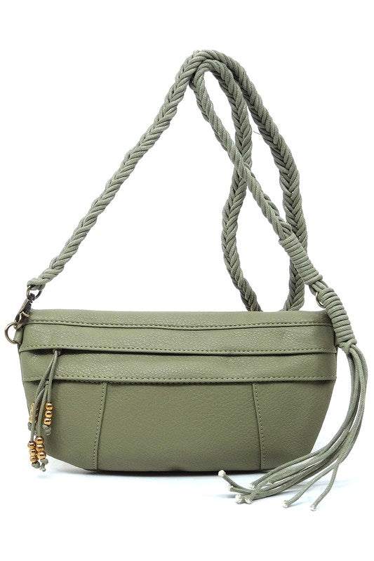 Braided Tassel Strap Crossbody BagBraided Tassel Strap Crossbody Bag Faux vegan leather Zip top closure Antique Gold-tone hardware Detachable shoulder strap L 11 * H 6 * W 1.5 (19 D)