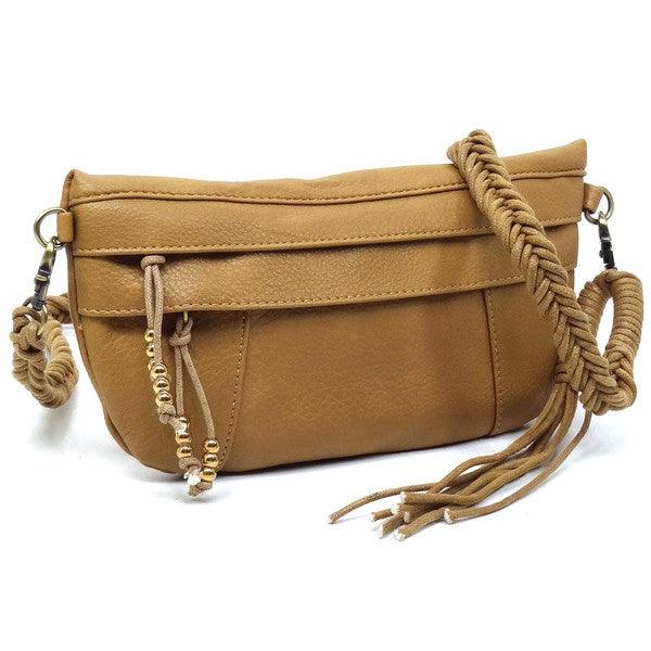 Braided Tassel Strap Crossbody BagBraided Tassel Strap Crossbody Bag Faux vegan leather Zip top closure Antique Gold-tone hardware Detachable shoulder strap L 11 * H 6 * W 1.5 (19 D)