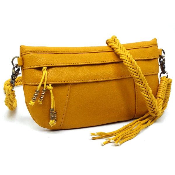 Braided Tassel Strap Crossbody BagBraided Tassel Strap Crossbody Bag Faux vegan leather Zip top closure Antique Gold-tone hardware Detachable shoulder strap L 11 * H 6 * W 1.5 (19 D)