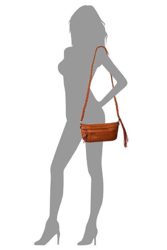 Braided Tassel Strap Crossbody BagBraided Tassel Strap Crossbody Bag Faux vegan leather Zip top closure Antique Gold-tone hardware Detachable shoulder strap L 11 * H 6 * W 1.5 (19 D)