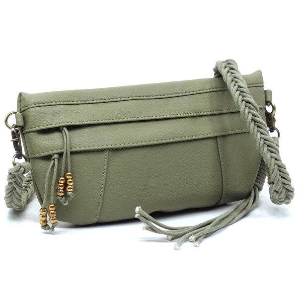 Braided Tassel Strap Crossbody BagBraided Tassel Strap Crossbody Bag Faux vegan leather Zip top closure Antique Gold-tone hardware Detachable shoulder strap L 11 * H 6 * W 1.5 (19 D)
